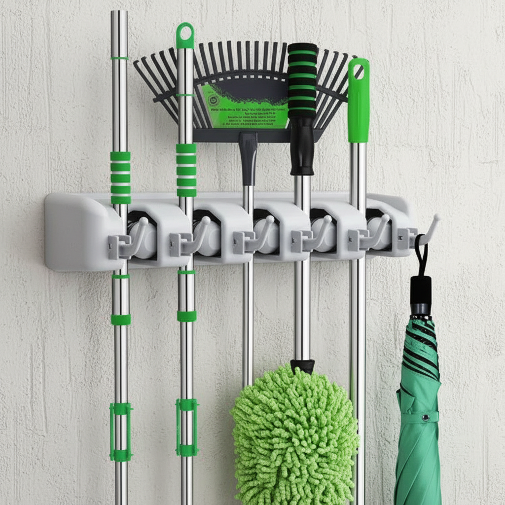 CleanHold — Organizador de Parede com 5 Lugares para Vassouras e Rodos com 6 Ganchos Adicionais - Entrega Grátis